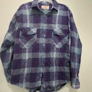 Vtg Midwest Traders Mens L Purple Blue Plaid Flannel Cotton Button Down Shirt